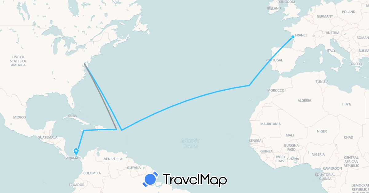 TravelMap itinerary: driving, plane, boat in France, Jamaica, Saint Martin, Panama, Portugal, United States, U.S. Virgin Islands (Europe, North America)